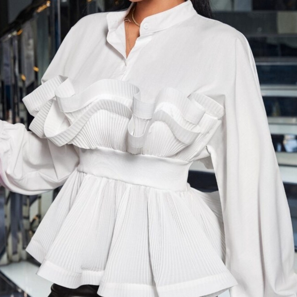 White Ruffled Peplum Blouse with Long Sleeves